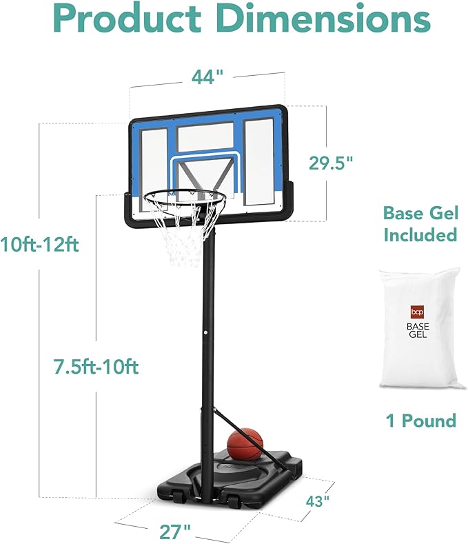 Best Choice Products 10ft Regulation Basketball Hoop, 7.5-10ft Height Adjustable Outdoor Goal w/Shock Absorbent Rim, Base Gel, 2 Wheels