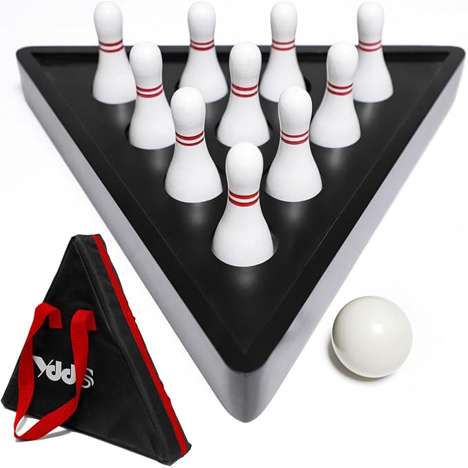 Shuffleboard Bowling Pin Set with 10 Pcs Premium Hardwood Bowling Pins Durabel Triangular Pinsetter Resin Bowling Ball and Carrying Bag, Fun for Shuffleboard Games
