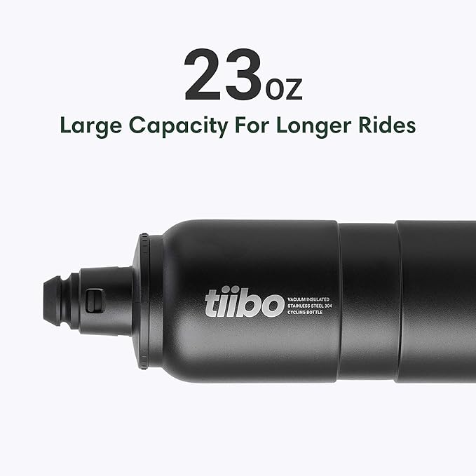 tiibo Vacuum Insulated Stainless Steel Bike Water Bottle, Double Wall, No-Squeeze, Fast Flow Sport Nozzle, Designed for Cycling, Biking, Fitness & Sports, Fits Most Bike Cages (Brushed, 23OZ)