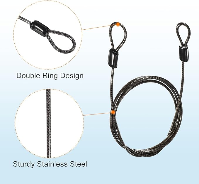 MECCANIXITY Security Steel Cable Lock, Safety Cable Flexible Wire Rope Luggage Lock 3.3feet 2.5mm Vinyl Coated Braided Steel with Double Loop for Bike Bicycle U-Lock Padlock Grey