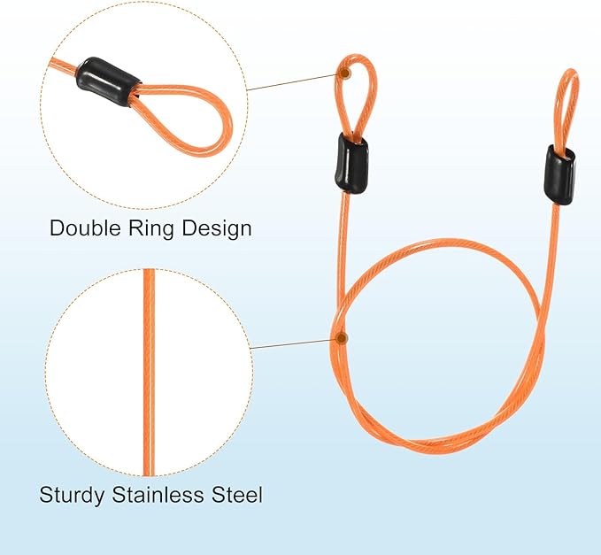 MECCANIXITY Security Steel Cable Lock, Safety Cable Flexible Wire Rope Luggage Lock 1.6feet 2.5mm Vinyl Coated Braided Steel with Double Loop for Bike Bicycle U-Lock Padlock Orange