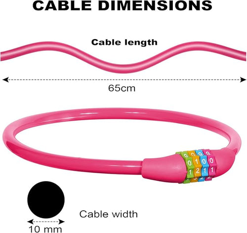 25 Inch Bike Lock Cable, Portable Anti Theft 4 Digits Codes Cable Locks, Resettable Combinations Coiling Bicycle Lock for Bike, Motorbike, Scooter, Skateboard, Gate, Fence (Pink)