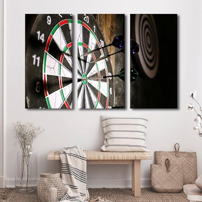 Gray Darts Wall Art for Living Room Motivational Canvas Wall Art Dartboard Picture Posters Modern Wall Decor Art 3 Panels for Bar Club Bedroom Office Paintings Giclee Framed Ready to Hang, 40"Wx60"H
