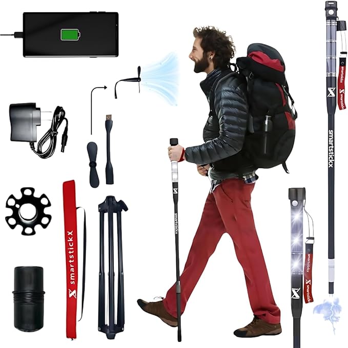 Tactical Walking Stick Staff Self Defense Stun Gun, 2 Bright LED Light Modes, Military Grade Aluminum, USB Charging Port/Fan, Outdoor Adventures, Trekking, Survival Hiking Tactical Tool