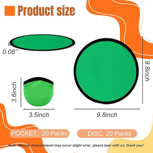 20PCS Foldable Flying Disc Fans with Bags, 9.8'' DIY Handheld Black Egde Fabric Folding Fan for Outdoor Game Activities Birthday Party Favors Gifts, Green