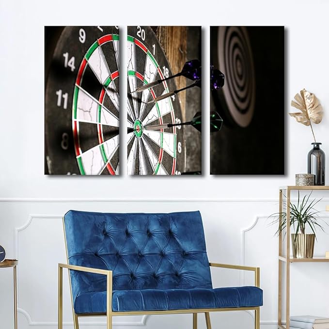 Gray Darts Wall Art for Living Room Motivational Canvas Wall Art Dartboard Picture Posters Modern Wall Decor Art 3 Panels for Bar Club Bedroom Office Paintings Giclee Framed Ready to Hang, 40"Wx60"H