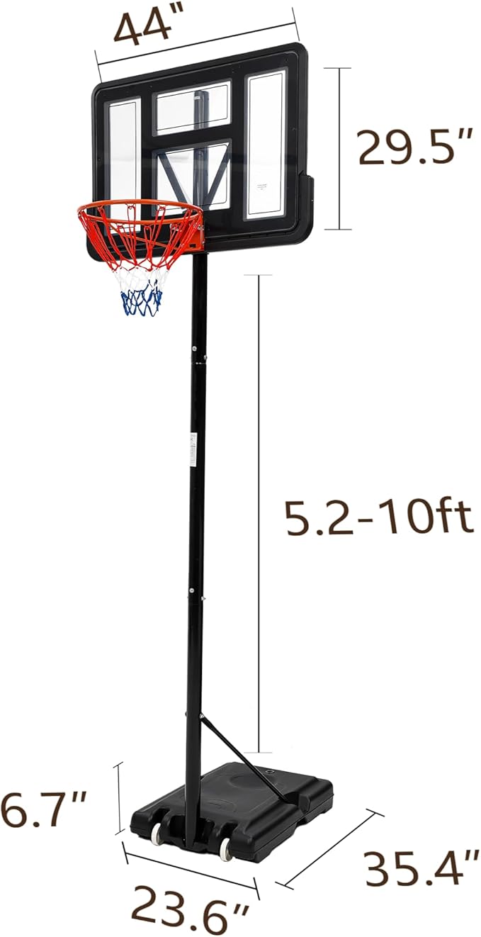 Basketball Hoop Outdoor 10FT Height Adjustable, Portable Basketball Goals & Hoops with PC Backboard and Large Water/Sand Base, Indoor Outdoor Basketball Hoop for Kids Youth Adults Backyard Driveway