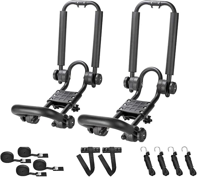 DRSPORTS Double Folding J-Bar Rack for Kayak Carrier Canoe Boat Paddle Board Surfboard Roof Top Mount on Car SUV Truck Crossbar (1Pair)