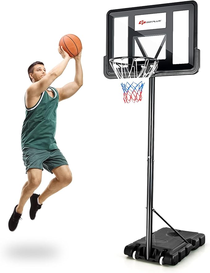 Goplus Portable Basketball Hoop, 10FT Height Adjustable Basketball Goal w/44‘’ Shatterproof Backboard, Outdoor Basketball Stand for Adults Backyard Driveway