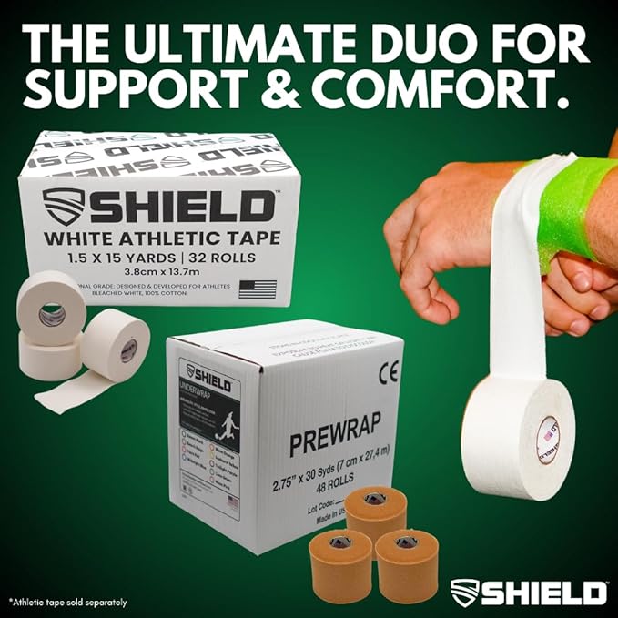 Shield Athletic Underwrap | Bulk Case of 48 Rolls of PreWrap, Hair Tie, Headband, Patellar Support, Pre-Wrap Athletic Tape, 2.75" X 30 SYards, Foam Barrier, Flexible, Breathable (Carolina Blue)