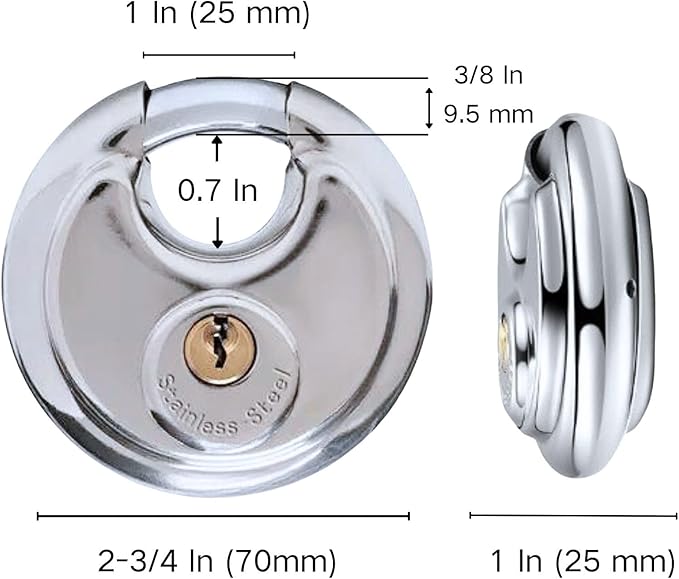 70MM Discus Padlock with Same 3 Brass Keys,304 Stainless Steel Disc Lock with Brass Gallows to Prevent Rusting,Thick Sturdy Hook to Prevent Picking.1 Pack-XZJYYF