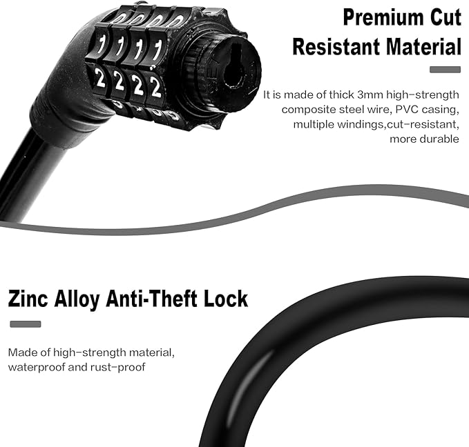 Bike Lock Cable, Bicycle Lock, Bike Locks Heavy Duty Anti Theft, Combination Cable Lock for Outdoor Equipment, Black (1Ps, 2Ft, Reset Combo)