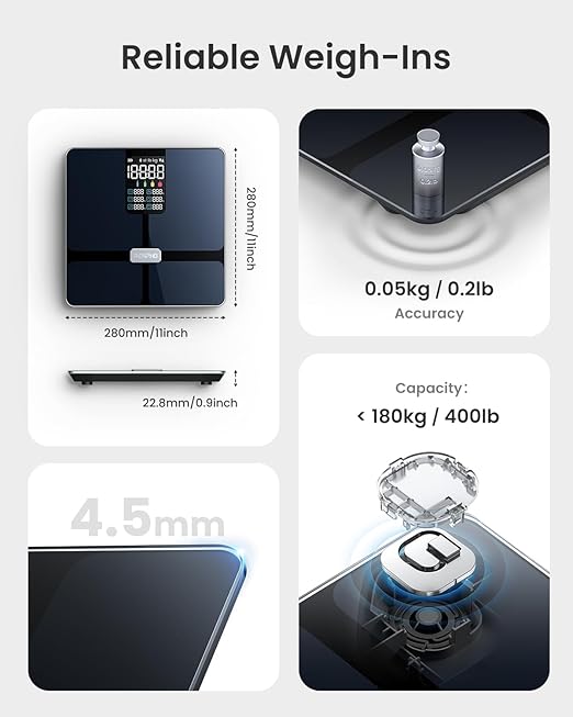 RENPHO Scale for Body Weight, Smart Scale with BMI, Body Fat, Muscle Mass, Bluetooth, 13 Metrics with Large VA Display, Support App Connection, Black, Elis 2X