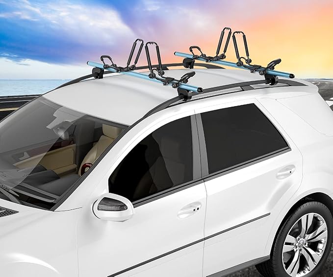 DRSPORTS Double Folding J-Bar Rack for Kayak Carrier Canoe Boat Paddle Board Surfboard Roof Top Mount on Car SUV Truck Crossbar (1Pair)