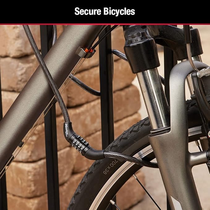 Master Lock Black Set Preset Combination Bike Lock, Metal Cable Lock has a Weather Resistant Vinyl Coating for Outdoor Equipment, Bicycles, 4 Feet Long, Pack of 2, 8143T