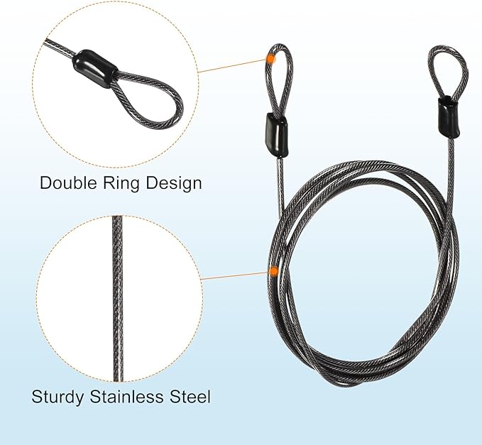MECCANIXITY Security Steel Cable Lock, Safety Cable Flexible Wire Rope Luggage Lock 5feet 2.5mm Vinyl Coated Braided Steel with Double Loop for Bike Bicycle U-Lock Padlock Grey