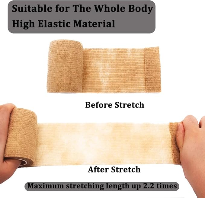 12 Rolls Elastic Self Adhesive Bandage Wrap 3 Inch, Breathable Non Woven Cohesive Bandage, Vet Wrap for Dogs, Ankle Sprains Swelling Medical First Aid Tape, Sports Athletic Tape Tan