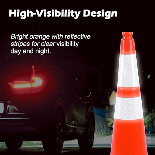 8 Pack 28" inch Orange PVC Traffic Cones with Reflective Collars and Weighted Black Base, Durable Safety Cones for Roadwork, Parking and Crowd Control