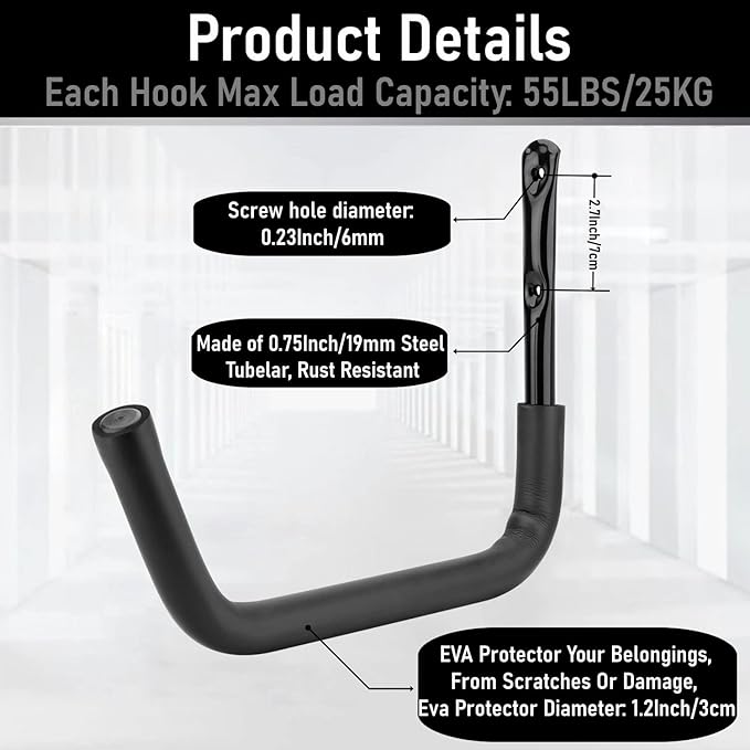 Kayak Storage Hook, Heavy Duty Steel Kayak Storage Rack, Wall Mount Garage Hanger for Ladder, Canoe, Surfboard, Paddle Board