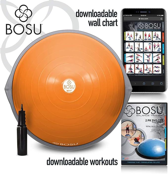 Bosu Balance Ball Exercise Trainer, Home Gym Equipment w/ Guided Workouts & Pump, 26", Blue - Inflatable Fitness Platform for Strength Training, Standing, Balancing, and Core Workout