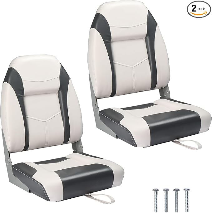 PEXMOR Boat Seats Low/High Back, Folding Boat Seat Included, Fold-Down Fishing Boat Seats Waterproof Captain Boat Seat w/Aluminum Hinges & Thick Soft Cushion, 2 Packs (High Back-Grey & White)