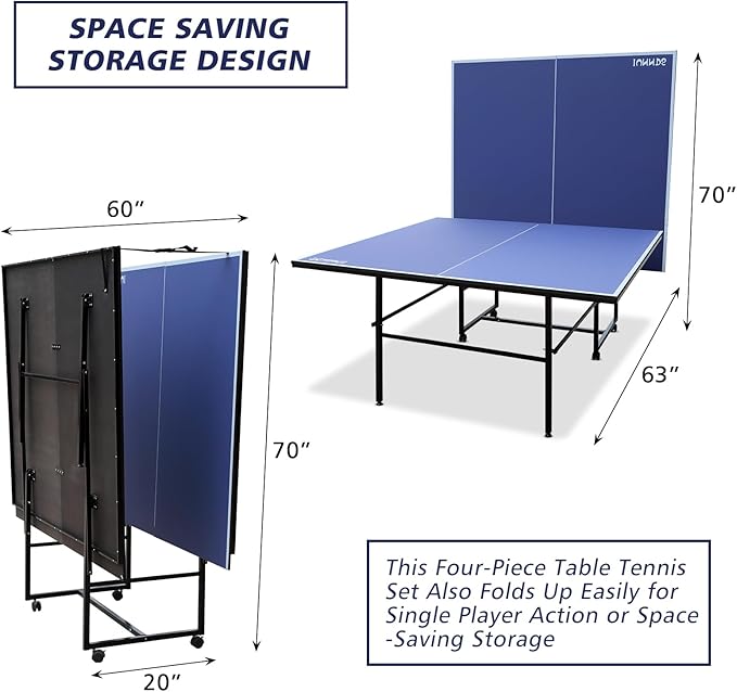 4FT/6FT/8FT/9FT Folding Rolling Table Tennis Table Regulation Ping Pong Table with 2 Paddles 3 Balls 1 Net and Post Set Fold-Up Design 4 Wheels for Easy Movement