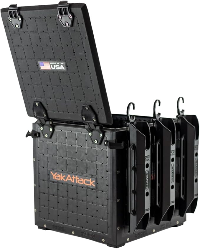 YakAttack BlackPak Pro 13" x 13" Fishing Crate with 3 Rod Holders - Black | Compact Tackle Storage Box & Gear Organizer for Kayaks | Lightweight, Durable & Customizable Marine Accessory | Made in USA