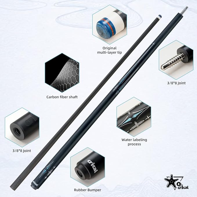 CRICAL Carbon Fiber Pool Cue Stick 58" Billiard Cue Sticks Professional Low Deflection Pool Sticks with 3/8 * 8 Pin Joint and 12.5mm Tip