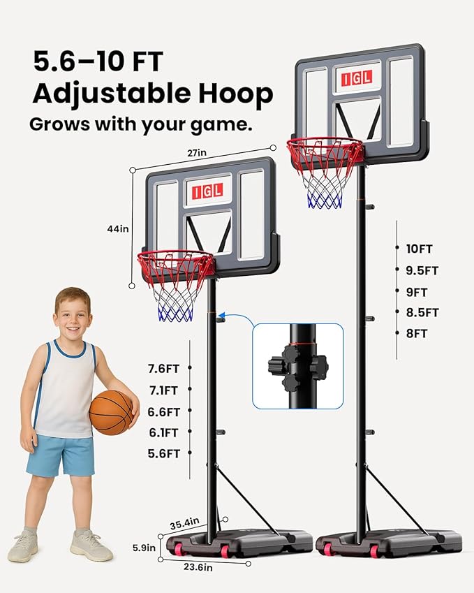 IGL Portable Basketball Hoop, 5.6-10FT Adjustable Basketball Goal System, 44 Inch Outdoor Basketball Hoop & Goals for Kids, Youth, and Adults in The Backyard, Driveway with PC Backboard