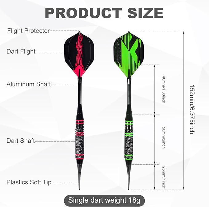 Darts Plastic Soft Tip, Professional Dart Set, 12Pcs 18Gram with 120 Extra Tips, 6 One-Piece Dart Wings, Flight Protector, Tool Wrench, Storage Case, Darts Set for Electronic Dartboard