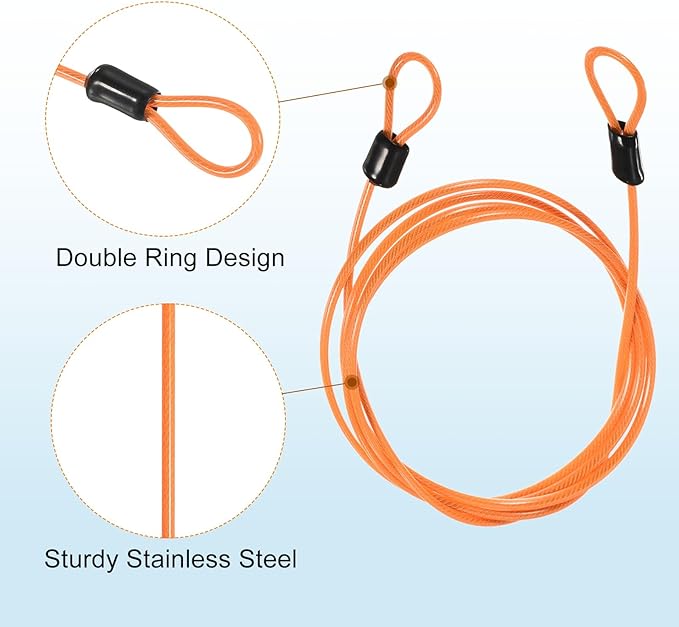 MECCANIXITY Security Steel Cable Lock, Safety Cable Flexible Wire Rope Luggage Lock 5feet 2.5mm Vinyl Coated Braided Steel with Double Loop for Bike Bicycle U-Lock Padlock Orange