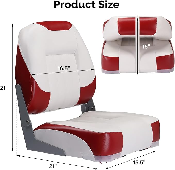 PEXMOR Boat Seats Low/High Back, Folding Boat Seat Included, Fold-Down Fishing Boat Seats Waterproof Captain Boat Seat w/Aluminum Hinges & Thick Soft Cushion, 2 Packs (Low Back-Red & White)