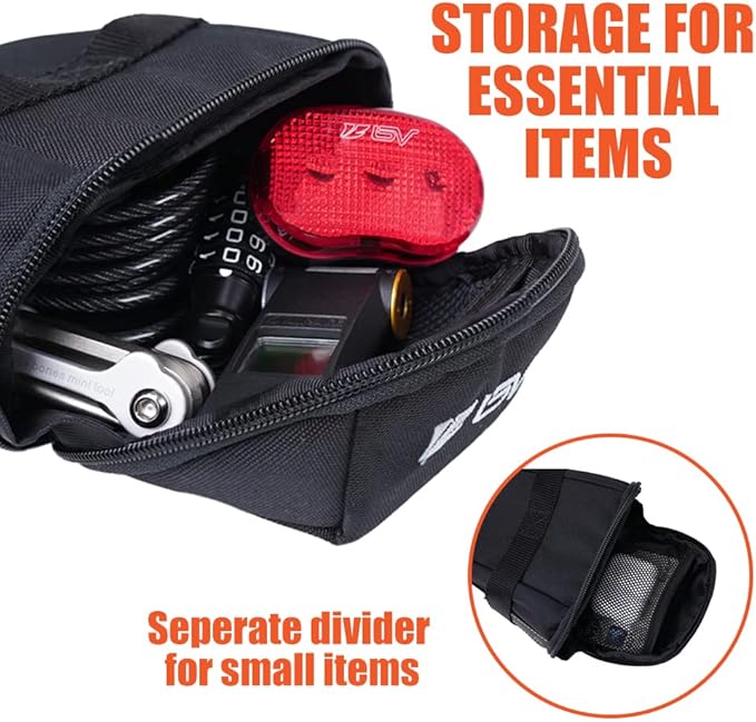 BV Strap-On Bike Bag with Reflective Material - Capacious Saddle Bag with Seperate Divider for Small Items & Room for All Your Essentials - Bike Pouch with Taillight Hanger for Maximum Safety