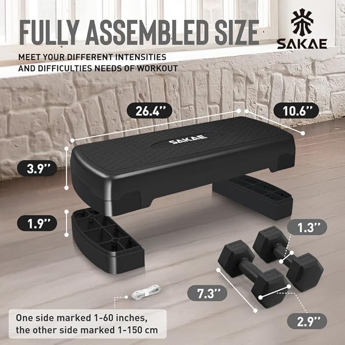 Adjustable Height Aerobic Stepper Set, Multiple Bundle Options with Dumbbells, Kettlebell, Waist Trimmer, Ankle Weights or Weighted Vest, Workout Exercise Step Platform w/Level Risers, 4 Colors