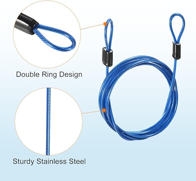 MECCANIXITY Security Steel Cable Lock, Safety Cable Flexible Wire Rope Luggage Lock 5feet 2.5mm Vinyl Coated Braided Steel with Double Loop for Bike Bicycle U-Lock Padlock Blue
