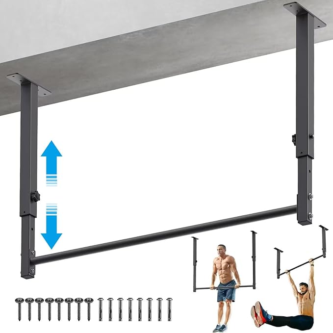 Kipika 48" Ceiling Mounted Pull Up Bar, Heavy Duty Multi-Grip Chin Up Bar,Mounted Pull Up Bar, Adjustable Height, Pull Up Bands for Chin Ups & Body Stretching, Ideal for Home Gym and Strength Training