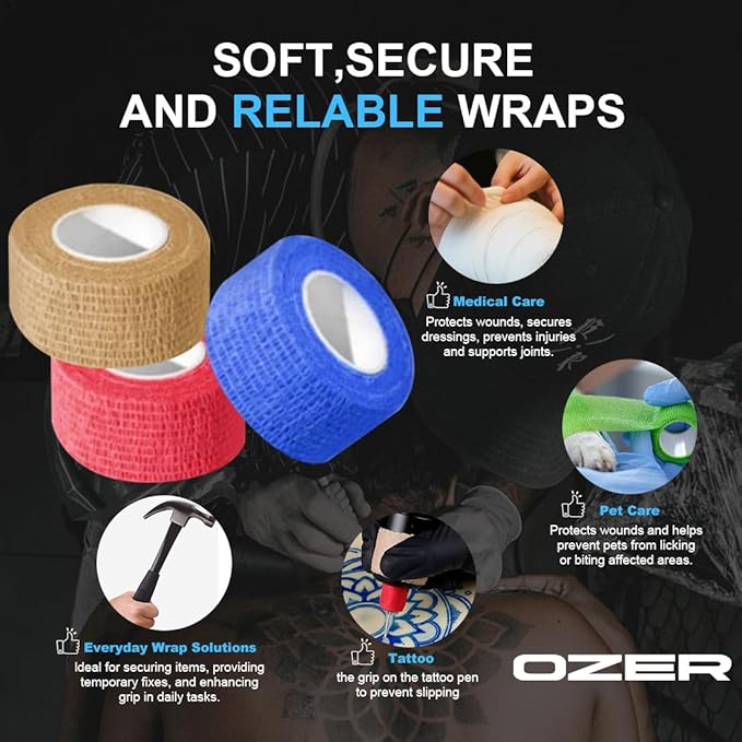 OZER 12 Pack 1 Inch x 5 Yards Self Adhesive Bandage Breathable Cohesive Bandage Wrap Rolls Elastic Self-Adherent Tape for Stretch Athletic, Sports, Wrist, Ankle (1 lnch Black, 1lnch)