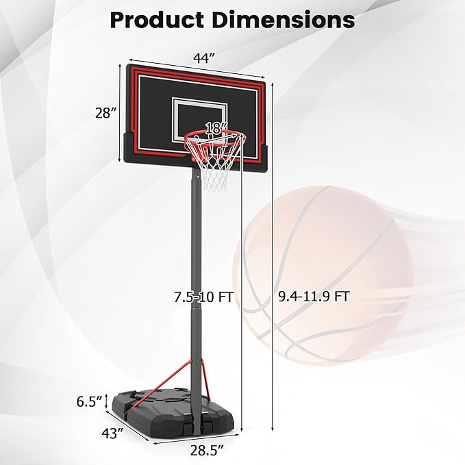 Goplus Portable Basketball Hoop Outdoor, 7.5-10 FT Height Adjustable Basketball Goal System with 44” Shatterproof Backboard, Wheels, Fillable Base for Adults Yard, Driveway