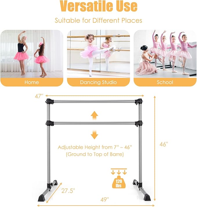 GOFLAME 4FT Ballet Barre Portable, Freestanding Double Ballet Barre Height Adjustable with Anti Slip Base, Heavy Duty Stretch Dance Bar for Home Workout