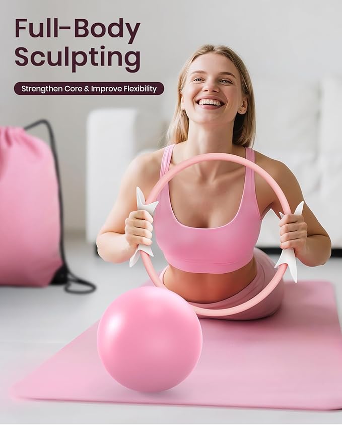 Pilates Ring Set for Women, Home Workout Pilates Equipment with Resistance Bands, 14'' Magic Circle, Mini Ball, Pilates Starter Kit for Strength, Toning and Flexibility, Workout Guide Included
