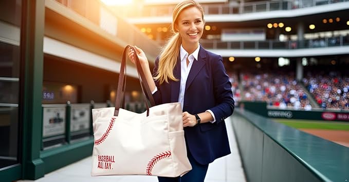 XL Baseball Mom Tote Bags For Women Canvas Utility Purse Handbag with Pockets