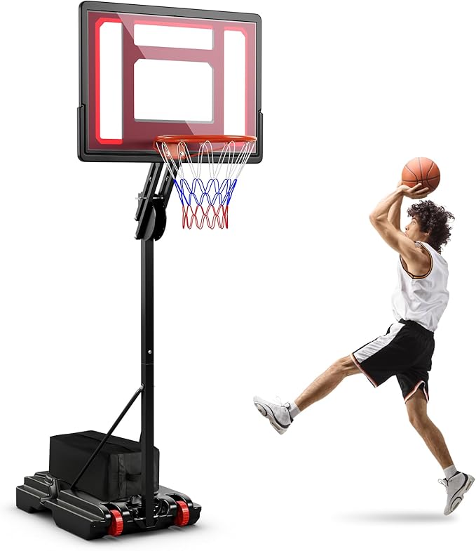 GYMAX Portable Basketball Hoop, 5 FT to 10 FT Adjustable Basketball Goal with 10 Heights, All Weather Basketball Stand System with Weight Bag & Wheels, for Youth Adult, Indoor Outdoor Pool, Court