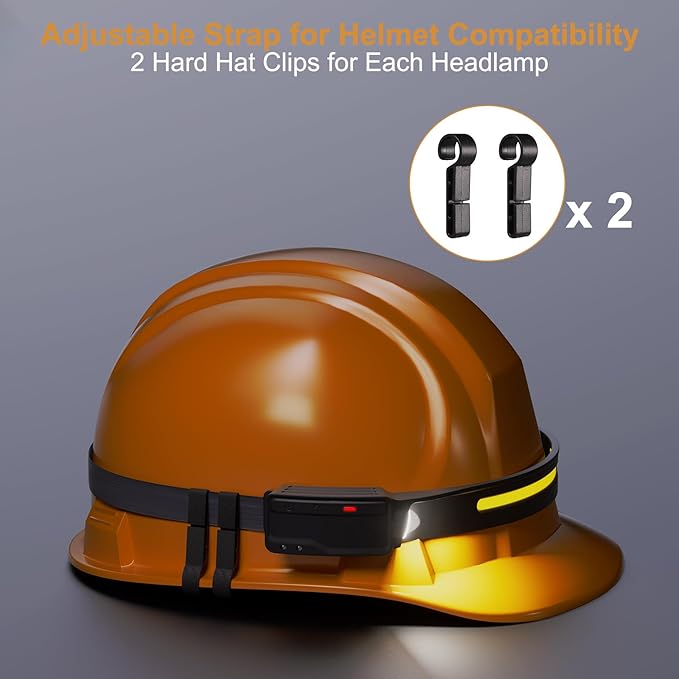 LED Headlamp Rechargeable Waterproof, Motion Sensor Hardhat Headlamp with Clips, 230°Wide Beam Head Lamp 6 Modes, for Adults, Kids, Camping, Running, Hiking, 2 Pack
