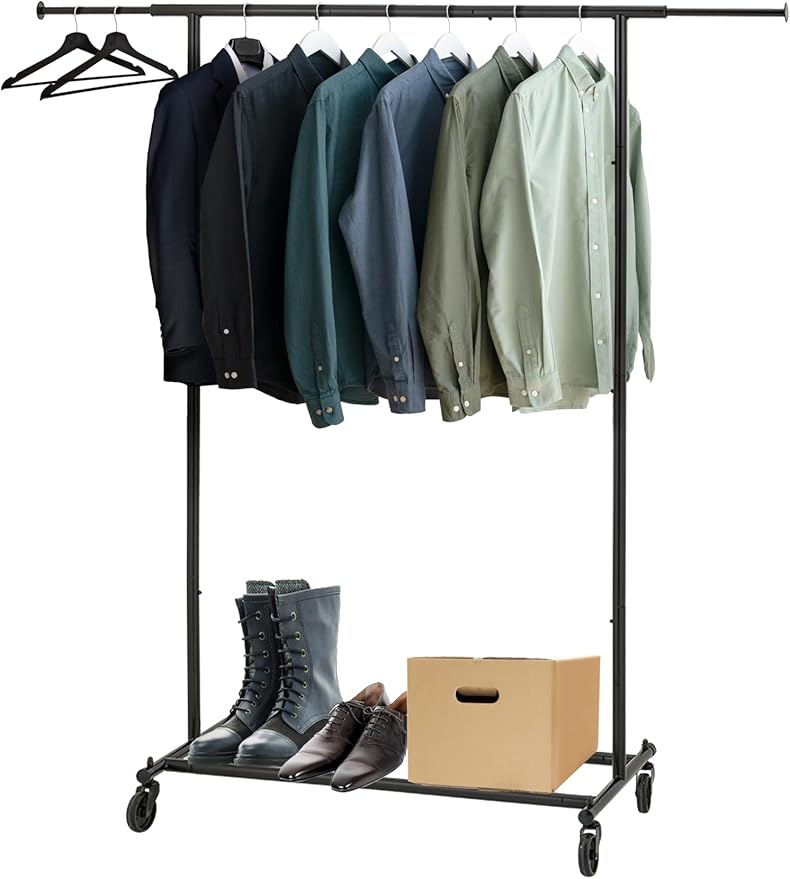 ikloo Heavy Duty Clothes Rack with Wheels load 130 LBS, Metal Rolling Clothing Rack with Extendable Rod & Bottom Shelf, Portable Closet Organizer, Storage for Hanging Clothes, Black