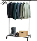 ikloo Heavy Duty Clothes Rack with Wheels load 130 LBS, Metal Rolling Clothing Rack with Extendable Rod & Bottom Shelf, Portable Closet Organizer, Storage for Hanging Clothes, Black