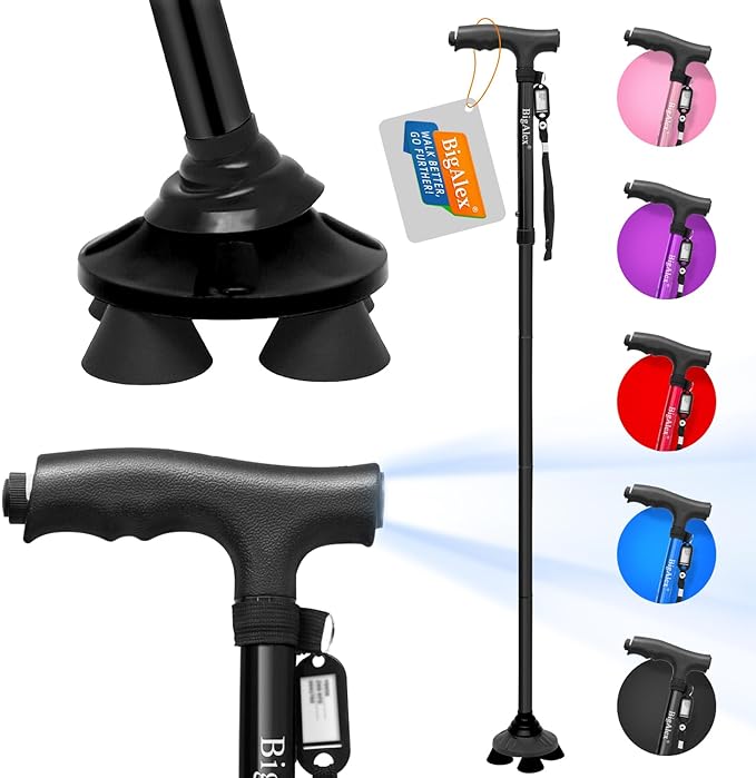 BigAlex Folding Walking Cane with LED Light,Pivoting Quad Base,Adjustable Walking Stick with Carrying Bag for Men/Women