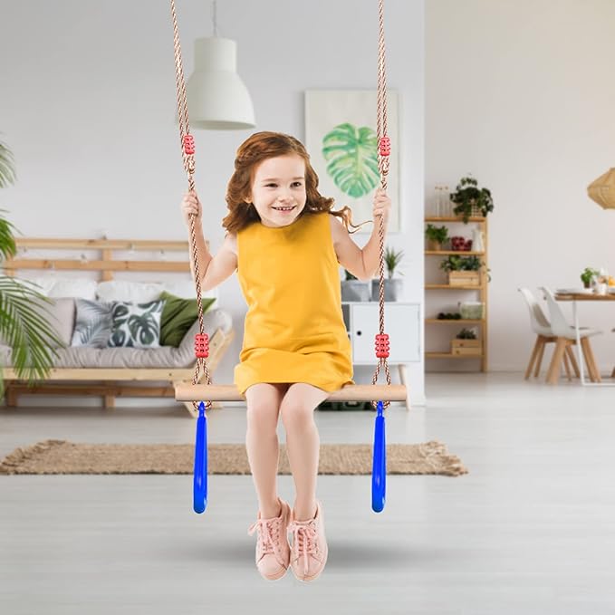 PELLOR Playground Children's Wooden Trapeze Swing Bar with Plastic Gym Rings Swing Set for Indoor & Outdoor Fun