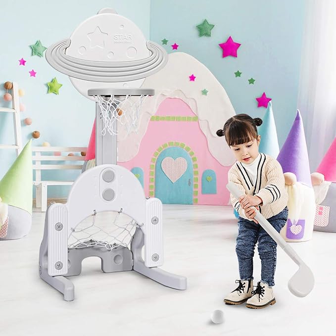 Costzon Kids Basketball Hoop, Toddler Sports Activity Center with 5 Adjustable Height Levels, Basketball Soccer Golf Game Set, Indoor Outdoor Basketball Hoop Set Best Gift for Baby Infant