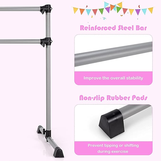 Costzon Portable Ballet Barre, 4FT Adjustable Double Freestanding Ballet Bar w/Anti-Skid Pad, Stable Base, Heavy-Duty Dancing Stretching Bar for Home, Fitness, Ballet