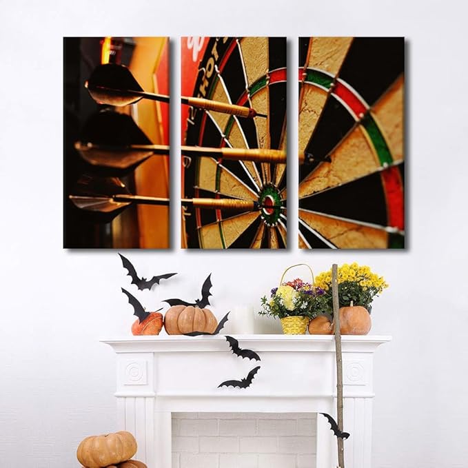 Large Sports Theme Modern 3 Panels Gallery Wrapped Dart Hits the Bullseye Giclee Canvas Prints Amazing Dart Plate Photo Paintings on Canvas Wall Art for Living Room Home Decor Ready to Hang(40"Wx60"H)